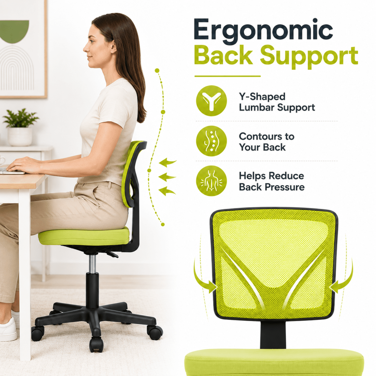 Kelno Small Desk Chair with Wheels Adjustable Computer Desk Chair with Lumbar Support Mesh Ergonomic Low-Back Office Chair, Green