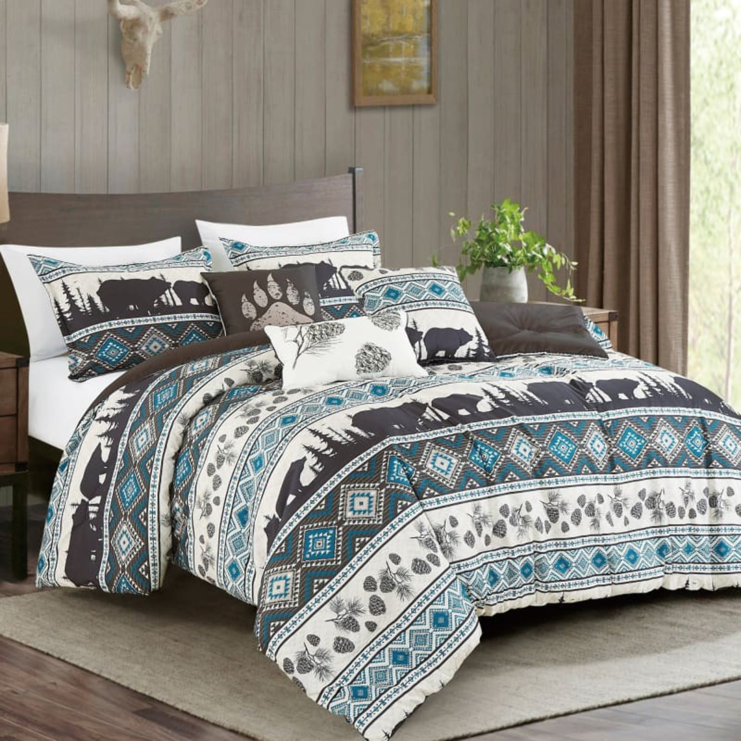 7 Piece Bed In A Bag Southwest Turquoise Native American Queen Comforter Set 