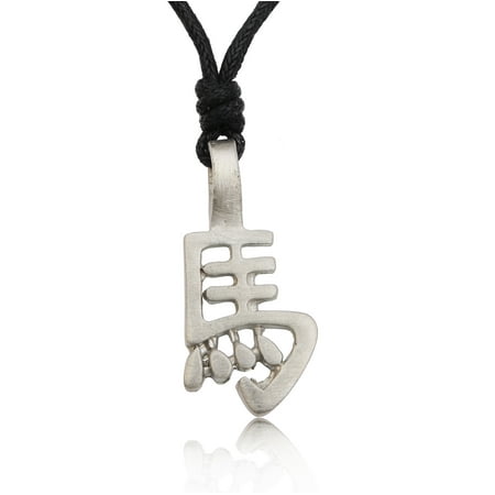 Chinese Silver Horse - Horse Chinese Text Silver Pewter Charm Necklace Pendant Jewelry With Cotton Cord