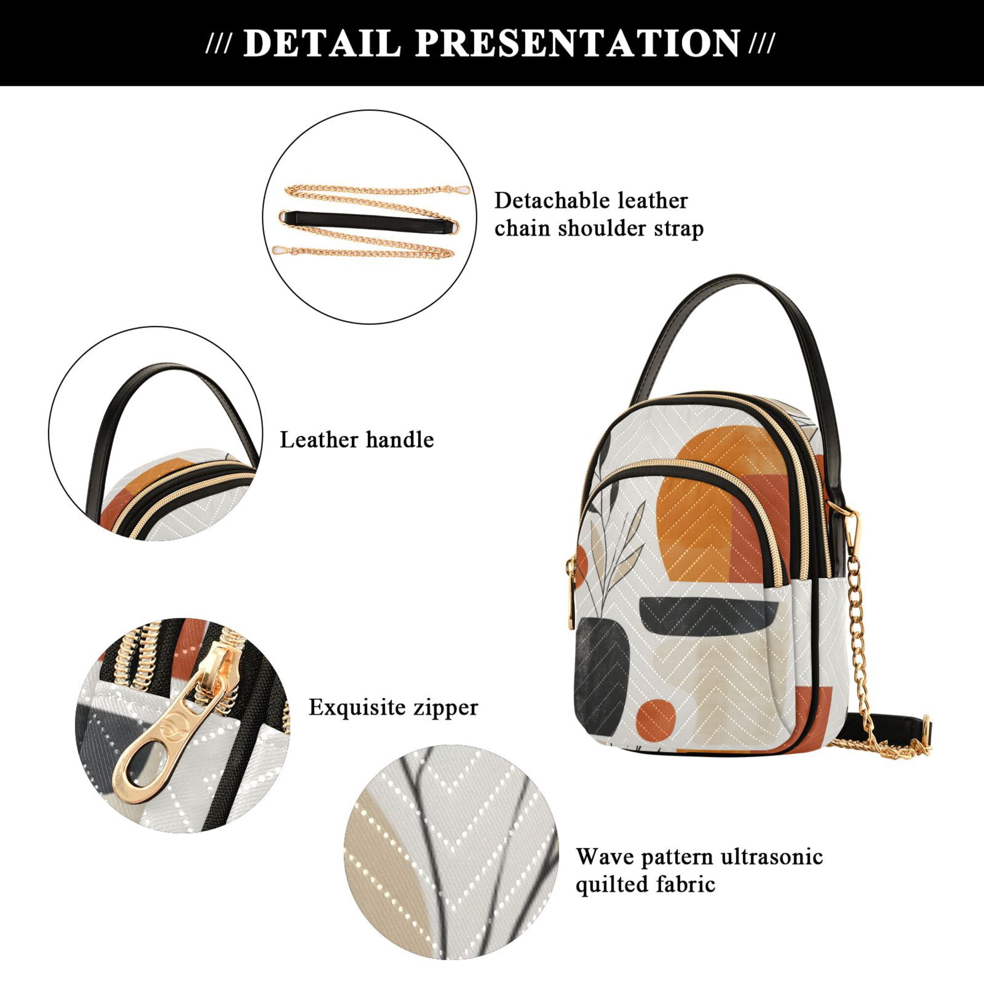 FORMRS Crossbody Bag for Women Quilted Travel Shoulder Cell Phone Purse with Chain Strap Handbag, White Abstract Shapes