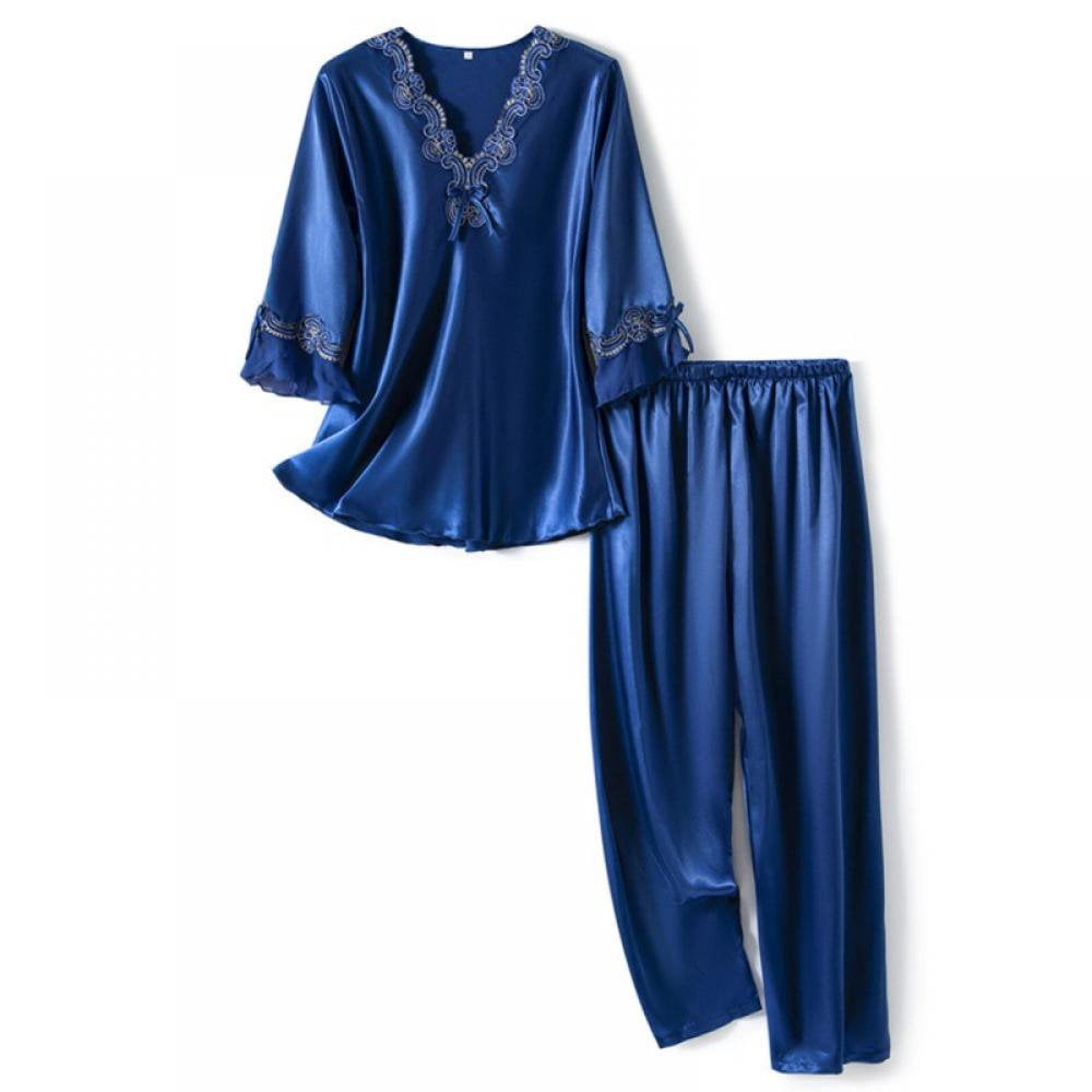 Pyjama Soie Satinée Manches Longues Dentelle – Taille L – Blanc – Style Princesse