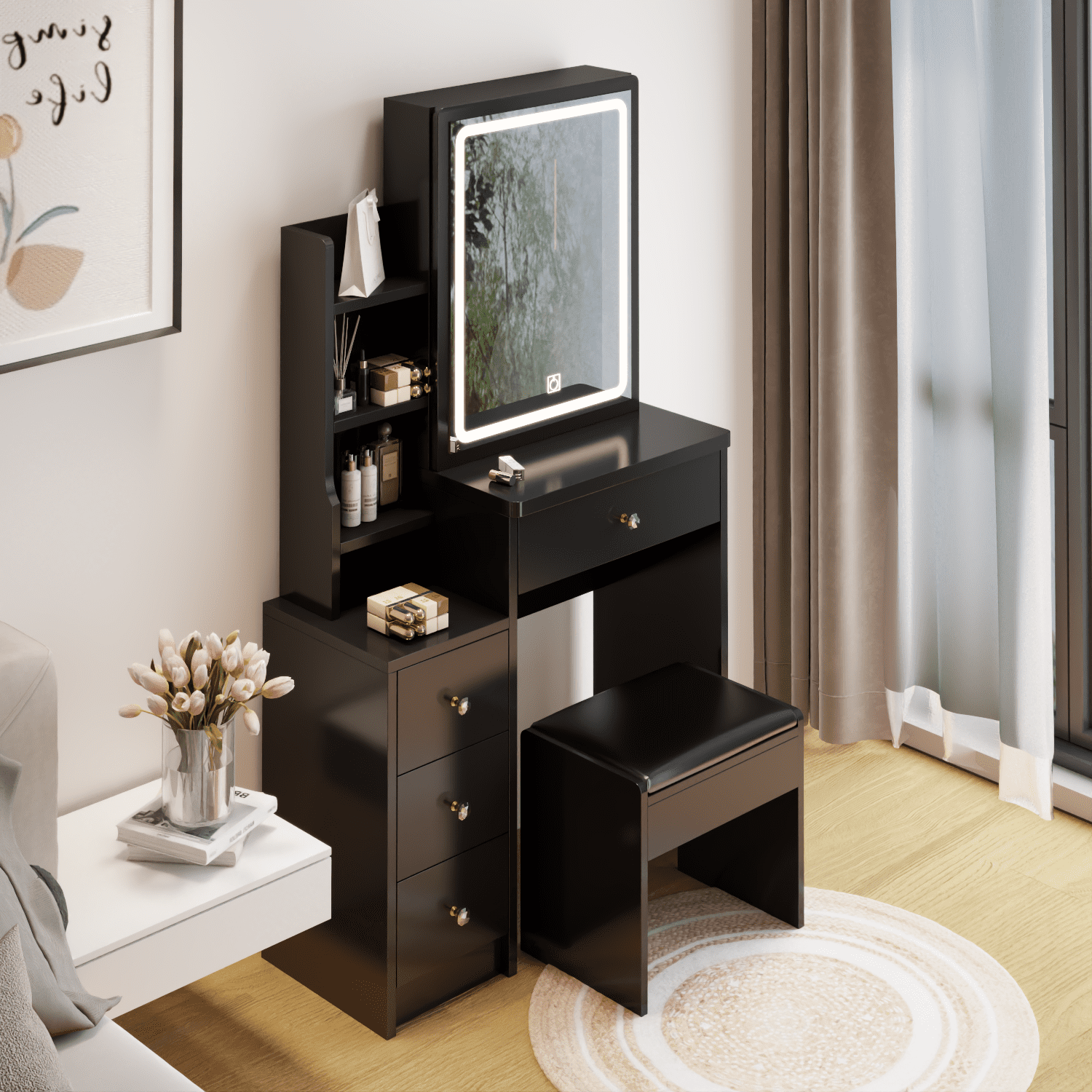Resenkos Makeup Vanity Desk Set with Mirror and Lights and Cushioned Bench, Modern 4 Drawers Storage Vanity Table for Bedroom, Black