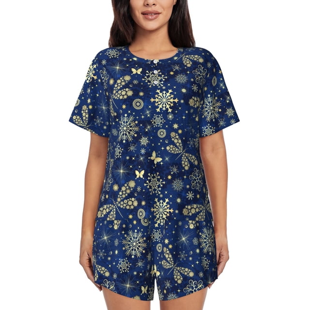 Balery Dark Blue Christmas Conjunto de Pijama para Mujer con Estampado, Dos Piezas de Manga Corta y Shorts, Ropa de Dormir Suave con Cuello Redondo y Bolsillos-Large