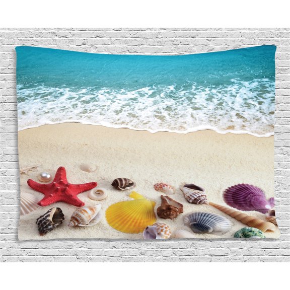 Beach Tapestry, Sea Shells on Sandy Coast Tropical Island Shore Summertime Travel Vacation Picture, Wall Hanging for Bedroom Living Room Dorm Decor, 60W X 40L Inches, Multicolor, by Ambesonne
