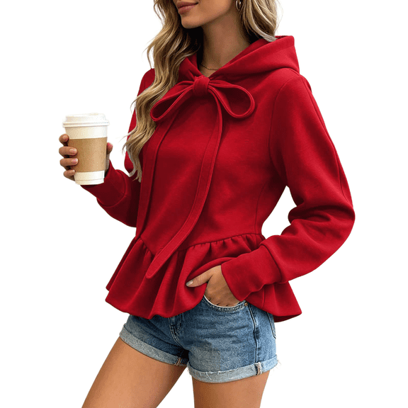 TEAJOPSUU Women's Ruffle Hem Hoodies Long Sleeve Bow Drawstring Hooded Sweatshirts Casual Pullover Fall Sweatshirts Red
