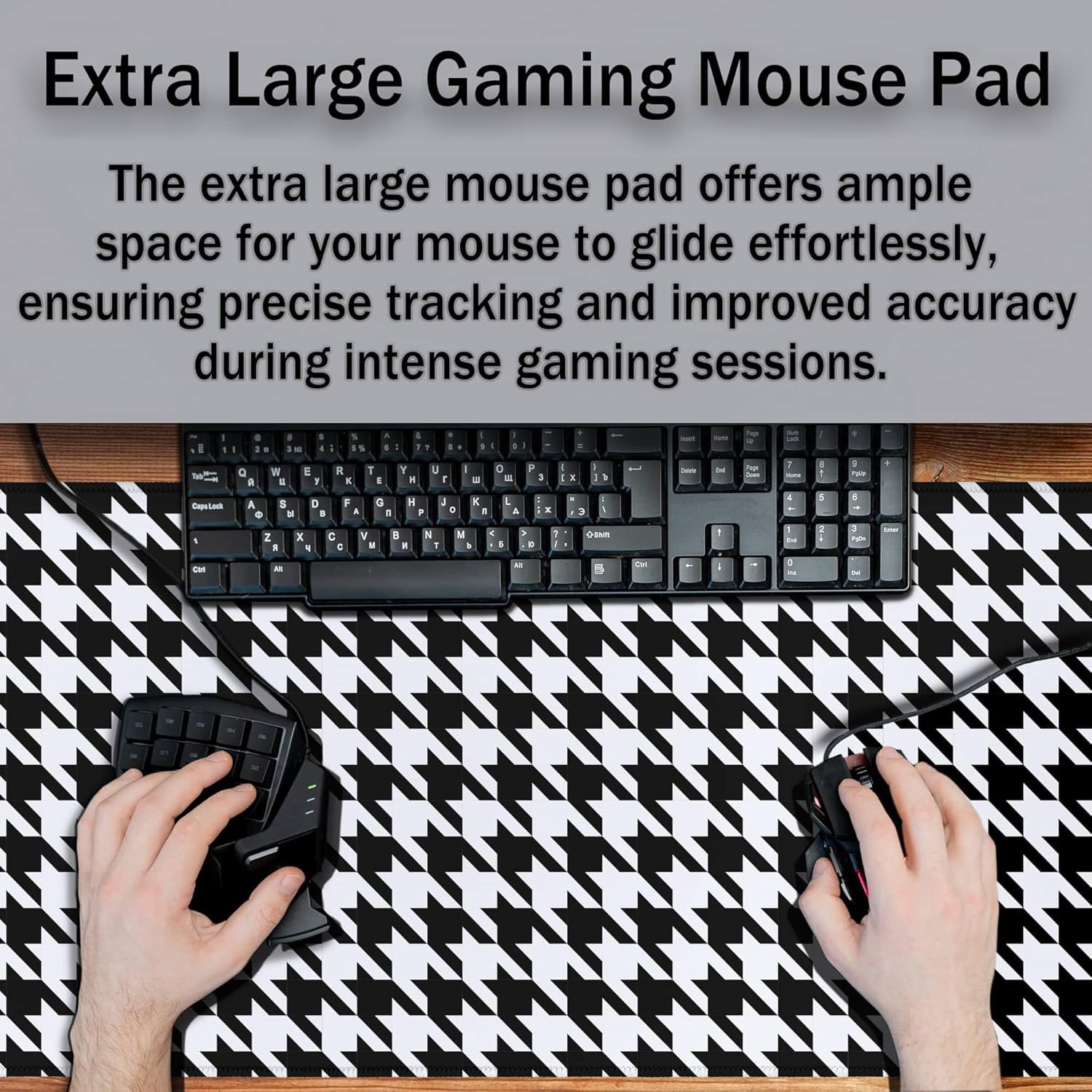 Gaming Mousepad Black and White Desk Mat for Desk Big Mouse Pads Keyboard Pad Home Office Decor Waterproof Non-Slip Rubber Base 35.4" X 15.7" for Game Office, Houndstooth Pattern
