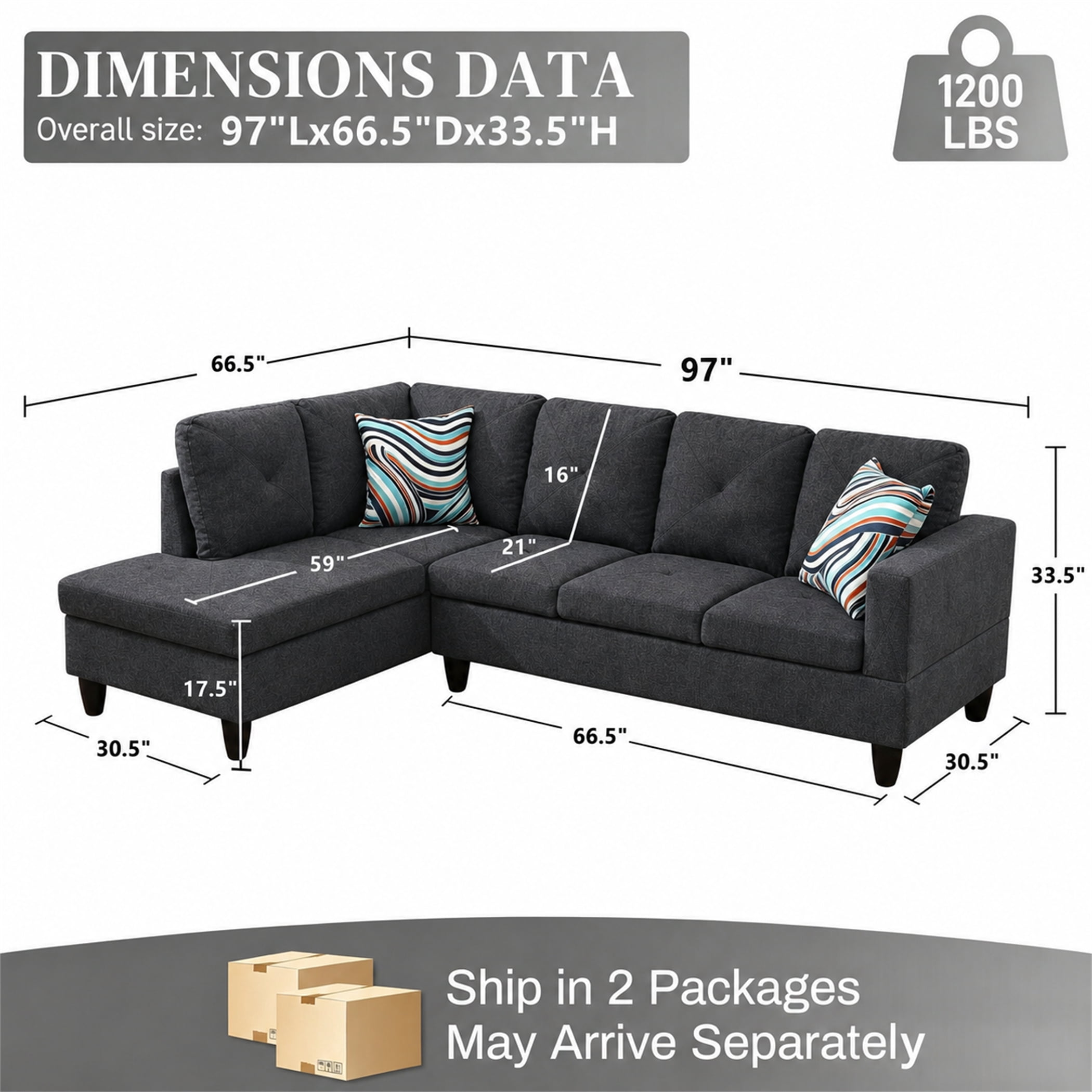 Aukfa 97" Classic Sectional Sofa 4 Seat L shape Couch for Living Room, 2Pillows, Oversized Left Chaise, Linen, Black Gray