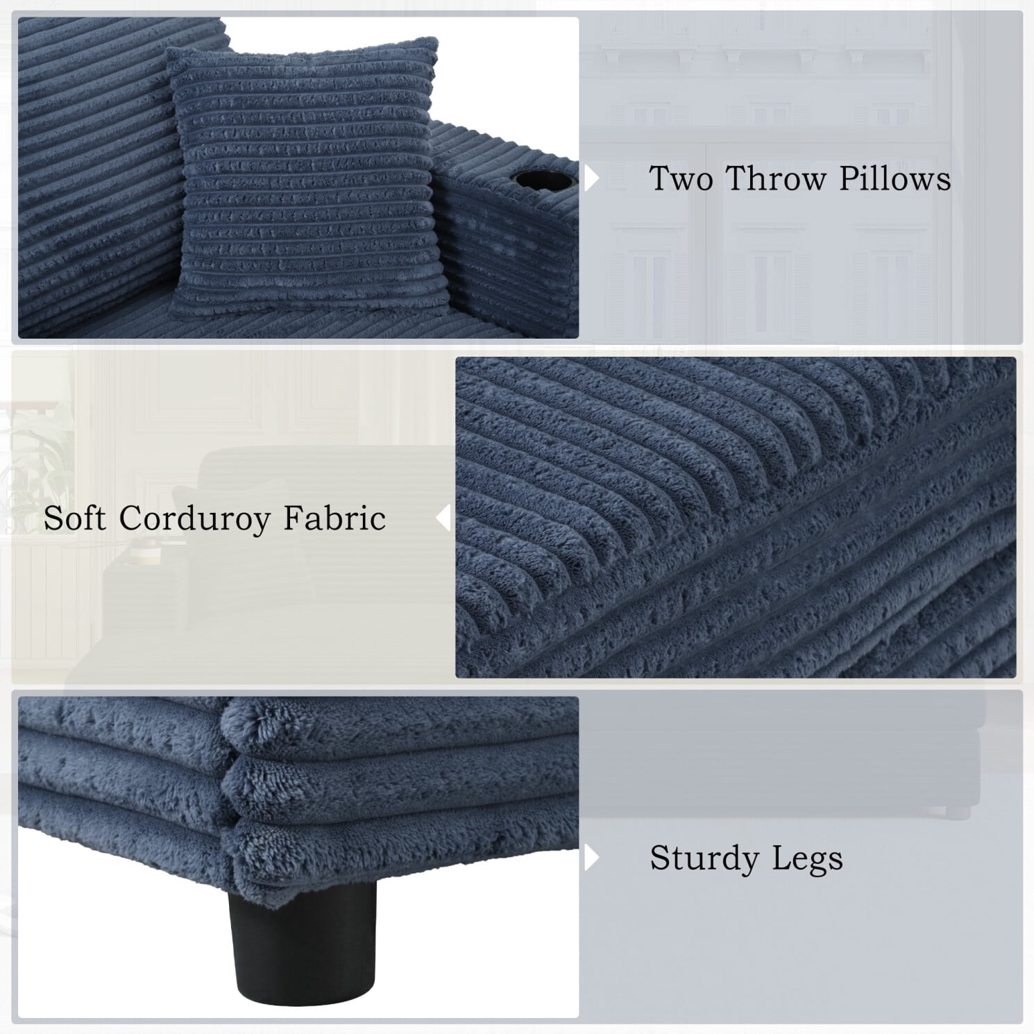 86.5" Oversized Double Lounge Chaise, Upholstered Corduroy Loveseat with 2 Cup Holders and 2 USB Ports, Modern Deep Seat Cloud Couch with Throw Pillows for Living Room, Blue