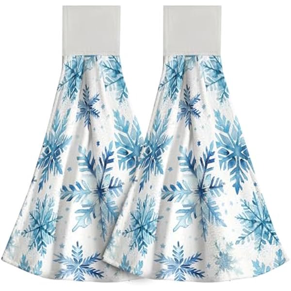 wonima01 Blue Snowflake Hanging Kitchen Towels Set of 2, Winter Holiday Absorbent Hand Drying Cloth Tie Towel with Loop for Kitchen Bathroom Laundry Christmas Room Decor