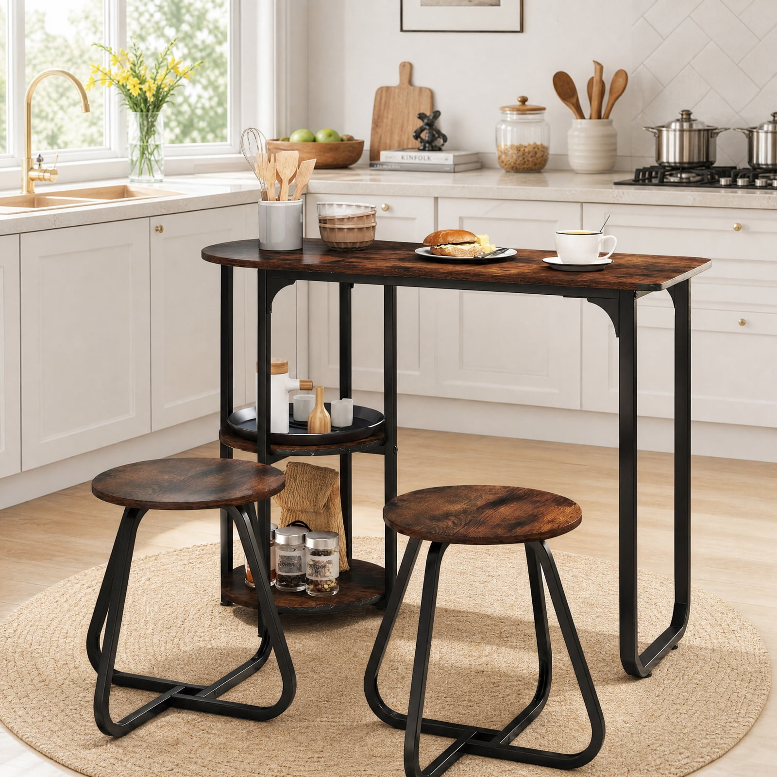 Furnibear 3 Piece Industrial Dining Table Set for Small Space with 2 Stools and Side Shelves for Kitchen and Apartment, Rustic Brown