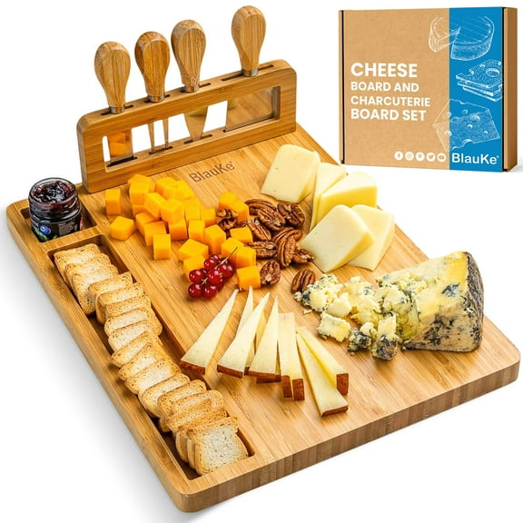 BlauKe® Bamboo Cheese Board and Knife Set 14x11 inch – Wood Cheese Cutting Board, Serving Tray Platter, Charcuterie Board Set with 4 Cheese Knives