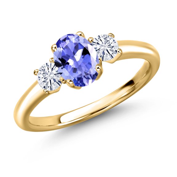 Gem Stone King 18K Yellow Gold Plated Silver Blue Tanzanite and White Moissanite Engagement Ring for Women | 1.07 Cttw | Oval 7X5MM | Gemstone December Birthstone | Size 5