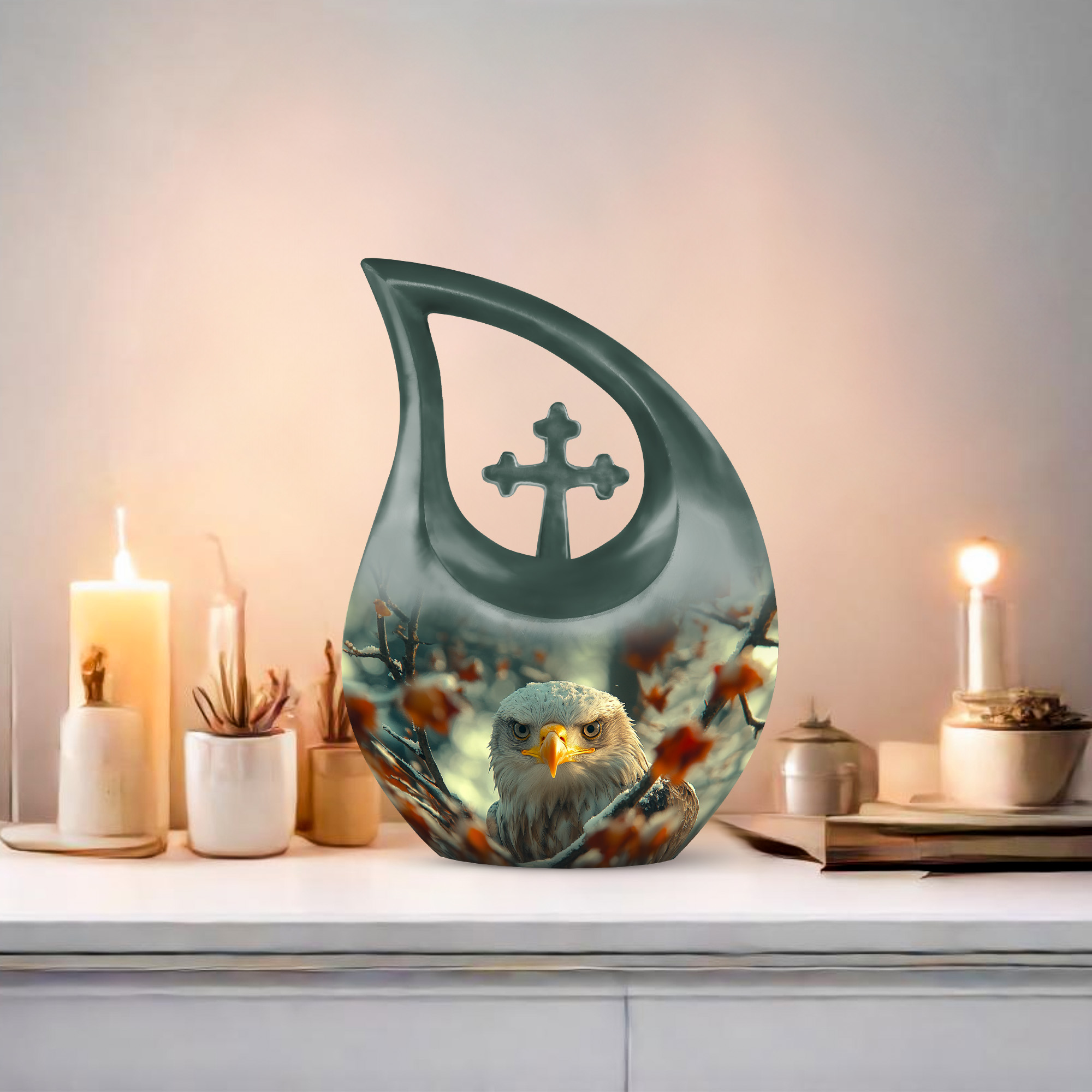 MUKTIVE Eagle Decorative Urns for Human Ashes Adult Husband & Wife - Large Memorial Cross Drop Urn for Adult Mom & Dad - Forest Burial Urns for Human Ashes Male & Female (10 Inch)
