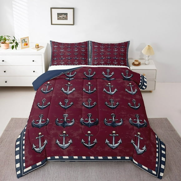 Erosebridal Anchor Decor Comforter Set Queen Size Ocean Nautical Themed Bedding Set Kids Boys Girls Ocean Voyage Marine Theme Comforter Coastal Sea Adventure Quilt Set
