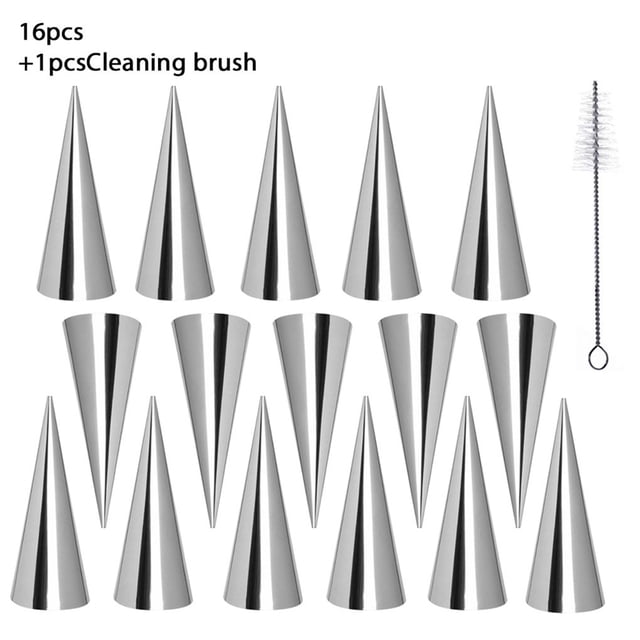 Moldes de cuerno de crema, conos de croissant de pastelería de acero inoxidable, cuerno de rollo cónico para moldes de cono para hornear, Herramientas y accesorios para hornear 16 puntas+ 1 pincel Yuarrent HA001756-01
