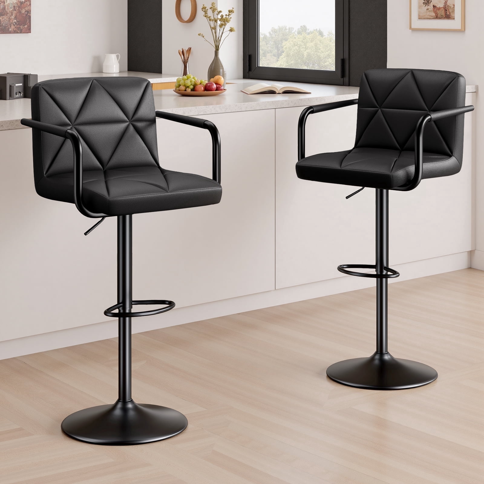 Daluvenix Bar Stools Set of 2， PU Leather Adjustable Swivel Barstools，Hydraulic Counter Height Bar Chairs with Armrest Back for Kitchen Island，Black