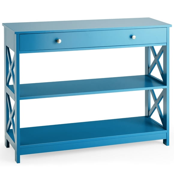 Costway 3-Tier Console Table X-Design Sofa Entryway Table with Drawer & Shelves Blue