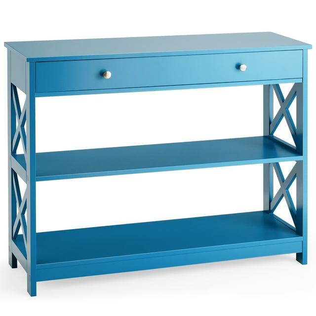 Mesa Auxiliar Costway con 1 Cajón y 2 Repisas Azul 100 x 30 x 80 cm