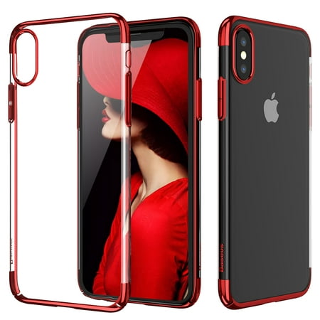 iPhone Xs / iPhone X (5.8") Case, Glitter Electroplating Metal Finishing Scratch Resistant Shockproof Crystal Clear Transparent Ultra Slim Cover - Red