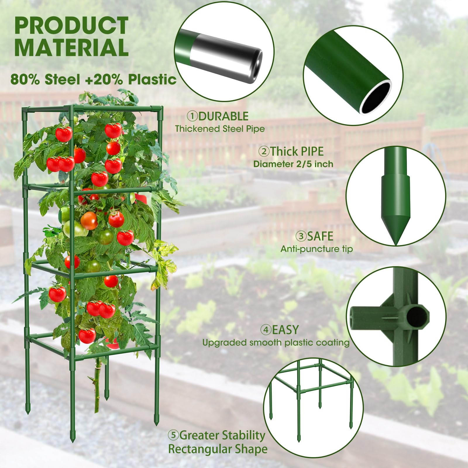 3 Pack Tomato Cages,Square Tomato Plant Stakes Support Cages Trellis for Garden Climbing Vegetables Flowers Fruits,Extra Bold