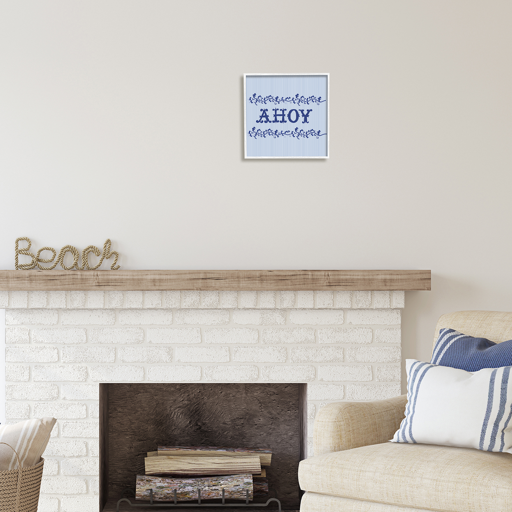 Stupell Industries Ahoy on Blue Stripes Botanical & Floral Painting White Framed Art Print Wall Art, 12 x 12