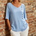 thumbnail image 5 of Yrmaups Loose Fit Short Sleeve T Shirt for Women, Casual V Neck Blouse, Soft Stretch Button Down Tee for Beach Travel Office Daily Wear, Light Blue L, 5 of 8