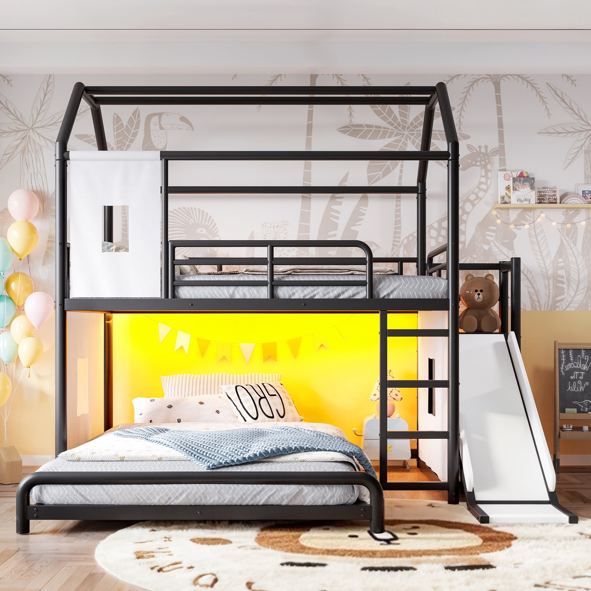 Leumius Full over Full Playhouse Metal Bunk Bed with Slide & Ladder, House Shaped Bunk Bed with LED Light Strip, Privacy Curtain, Movable Storage Cabinet and Hanging Rod for Bedroom Black