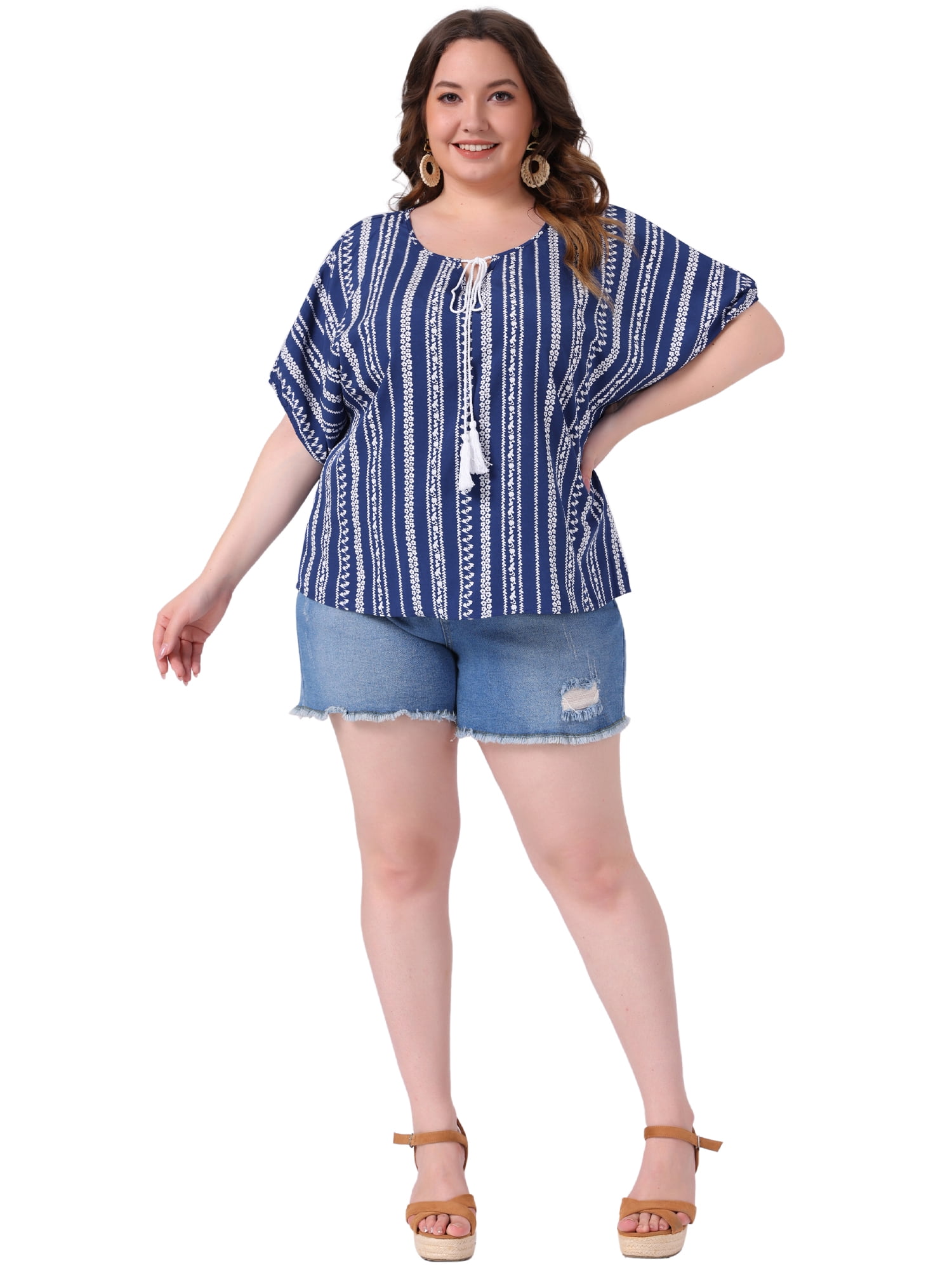 DARING DIVA Women's Plus Boho Tops Floral Tied V Neck Blouse Shirts 1X Navy Blue