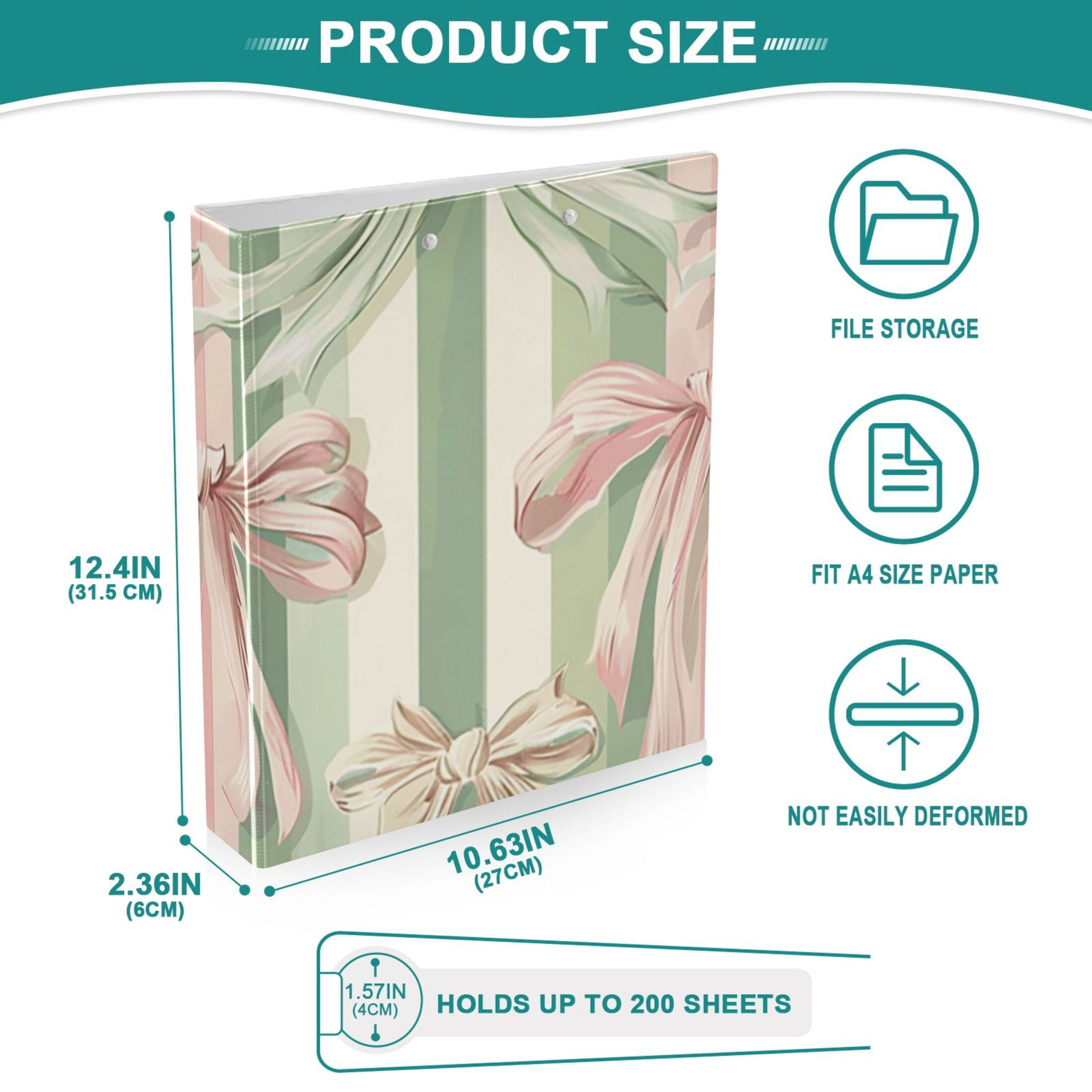 Pink Green Ribbons Stripe 3 Ring Binders 1.5 inch Hardcover File Folders with Interior Pockets A4 Size Organizer for School Office Hospital Set of 2