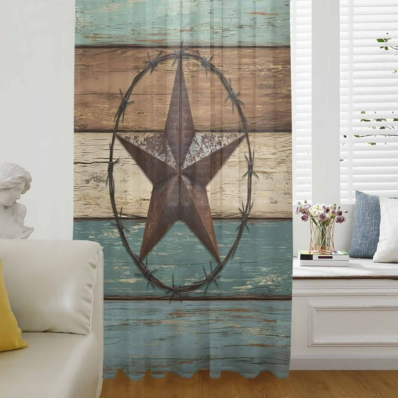 Vintage Teal Semi Sheer Curtains Drapes for Living Room, Bedroom, French Doors Window 45 Inches Long, Brown Western Texas Barn Star Wood Grain Rod Pocket Chiffon Curtain Drapery Voile Drape Panel