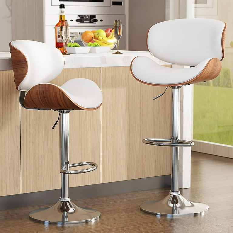 Set of 3 White Adjustable Swivel Bar Stools PU Leather Upholstery Mid Century Modern Design Walmart