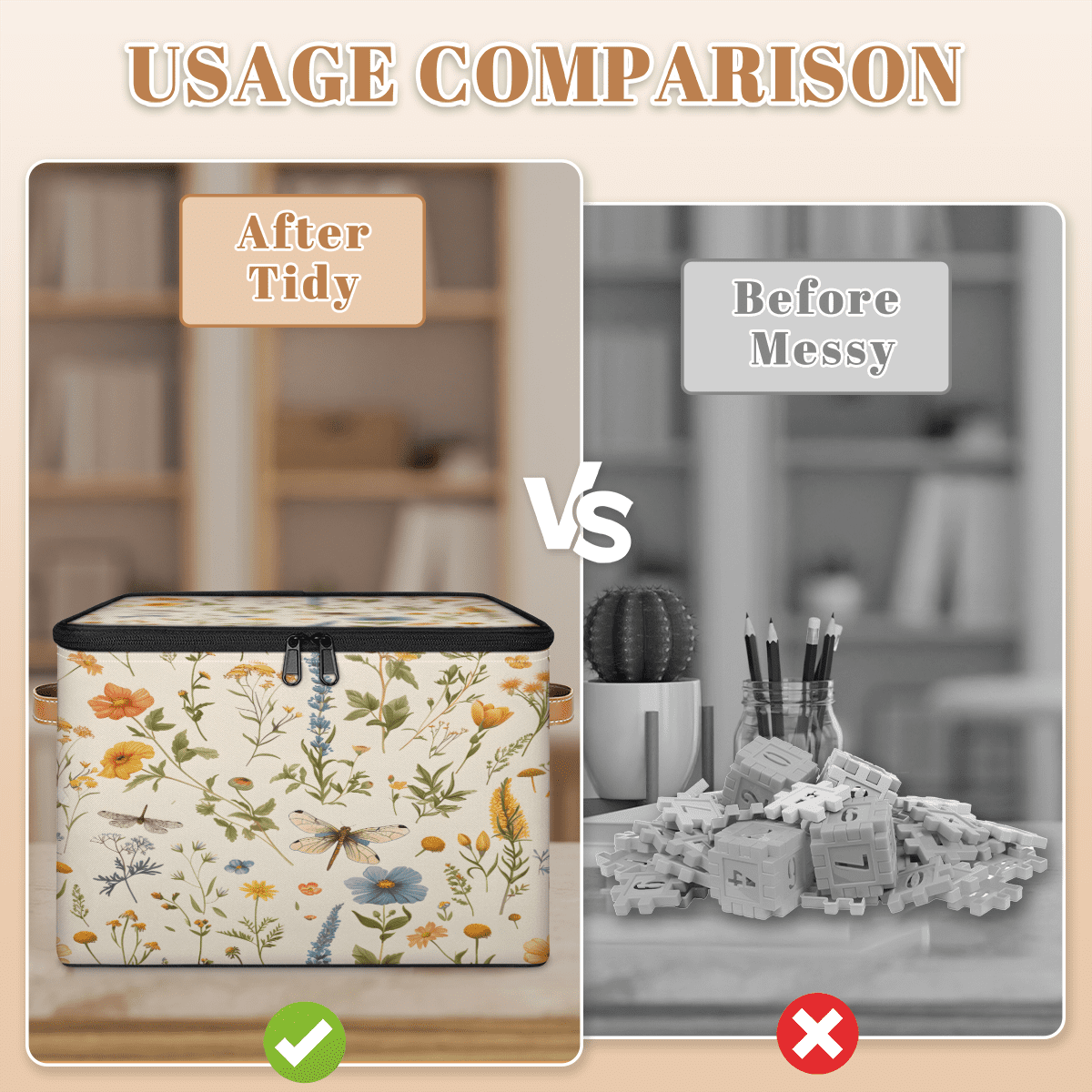 CURLYOOT Watercolor Floral Dragonfly Storage Bin with Zipper Lid, Fabric Decorative Lidded Storage Baskets Boxes, Foldable Organizer Container Basket for Bedroom Closet Shelf