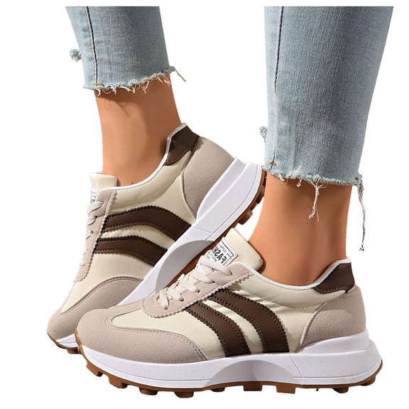 Rokment Women's Skate Fashion Sneakers Comfortable Suede Color Block Platform Running Walking Tennis Shoes Spring Fall Fashion Casual Skateboard Footwear Beige Size 6
