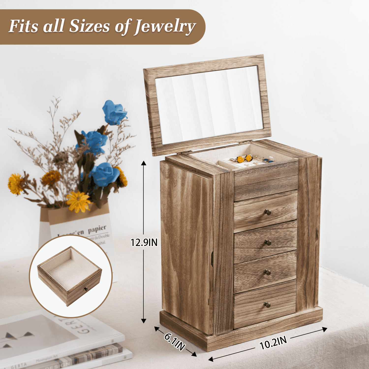 Jewelry Box for Women, 5 Layer Large Wood Boxes & Organizers for Necklaces Earrings Rings Bracelets, Rustic Organizer with Drawers and Mirror