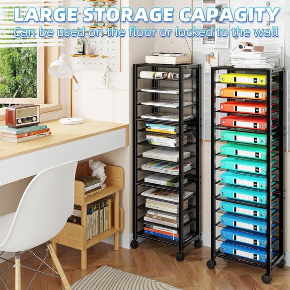 14 Tier Rolling File Cart, Desk File Organizer with Sliding Trays and Wetal Mesh Paper Letter Storage Multi-Functional Rolling Clutter Cart for Office, Home, School, Black
