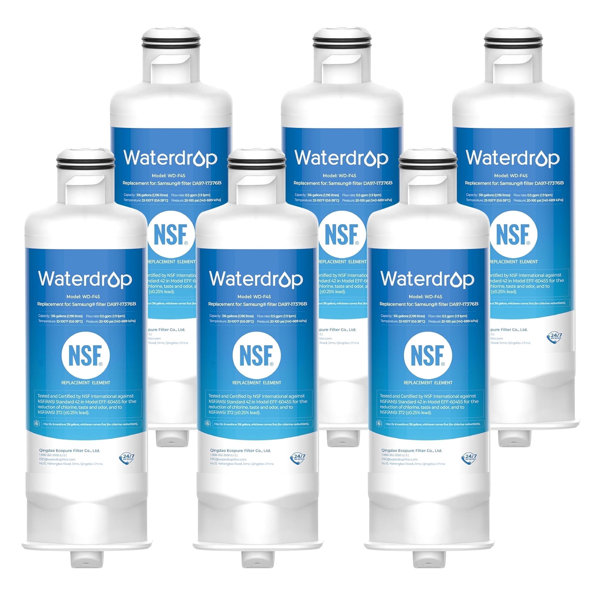 Waterdrop WD-F45 Replacement for Samsung® DA97-17376B, HAF-QIN/EXP, DA97-08006C, RF28R7201SR, RF28R7351SG, WD-F45, Refrigerator Water Filter, 6 Filters
