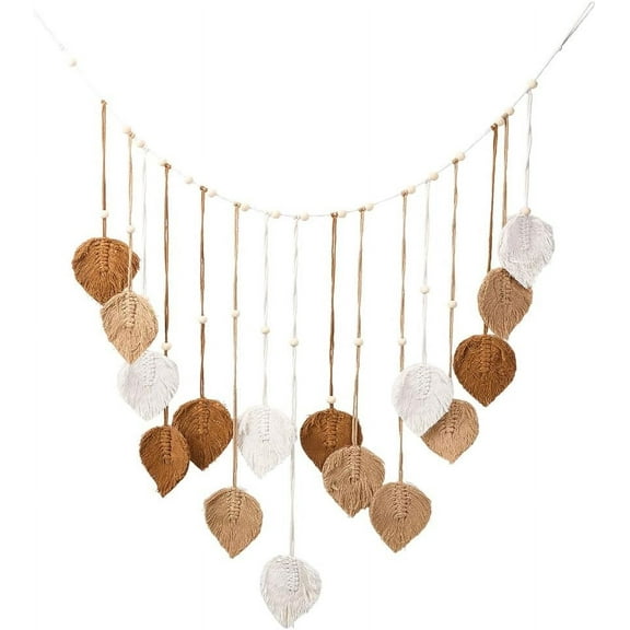 Boho Macrame Leaf Wall Hanging 48.7 x 31.4in Goldenrod Cotton Rope Woven Feathers Tassel Handmade Wood Beads Wall Art Tapestry for Home Living Room Bedroom Background Decoration for diy
