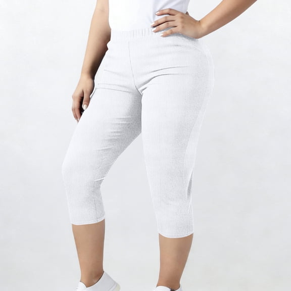 Capri Pants for Women Plus Size Ribbed Elastic Waist Skinny Stretch Crop Leggings Summer Causal Workout Trousers