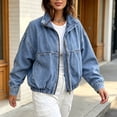 thumbnail image 5 of ClodeEU Women's Collared Zip Up Long Sleeve Cropped Denim Bomber Jacket,Casual Loose Daily Outerwear ,Women's Plus XXL, 5 of 8