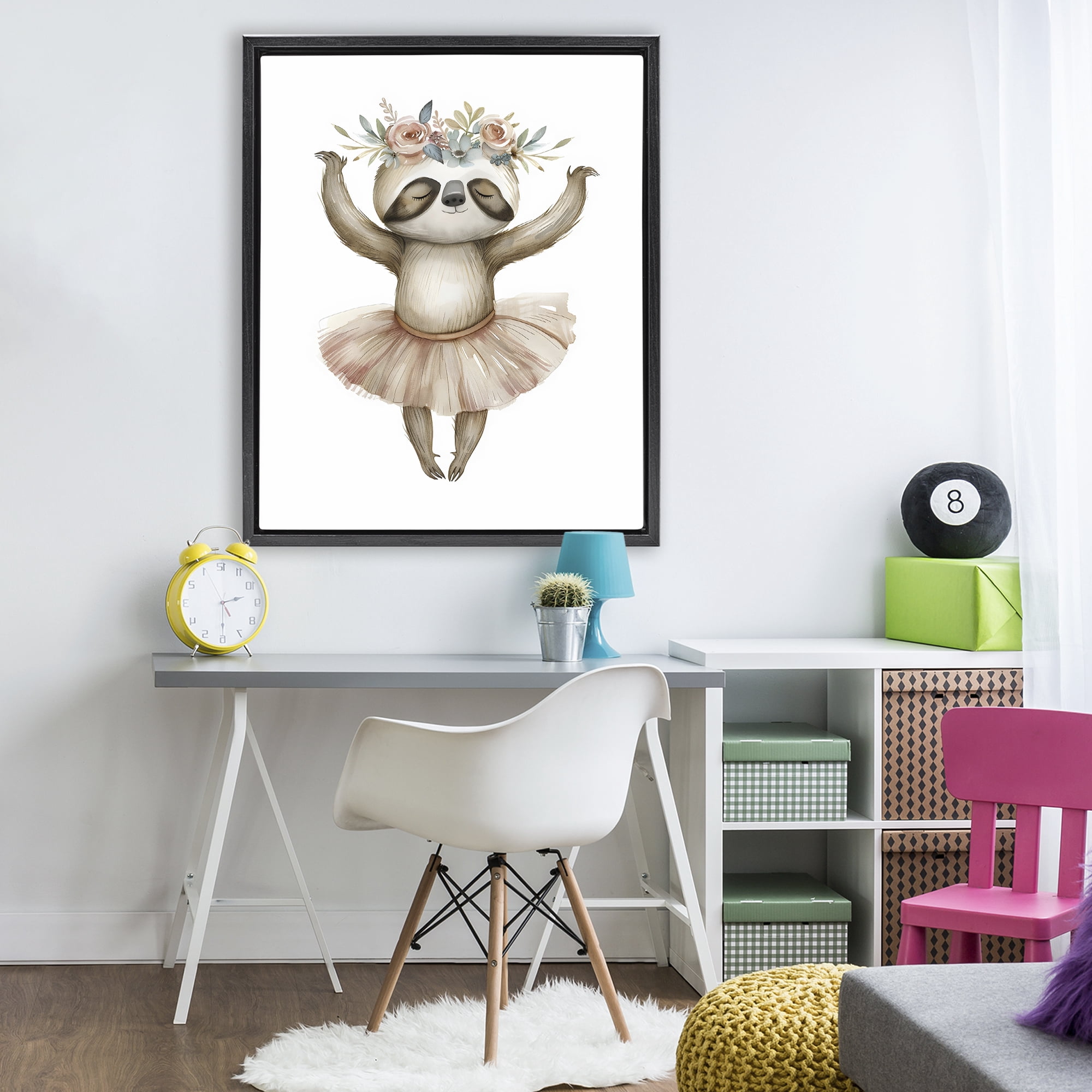 Stupell Industries Dreamy Sloth Ballet with Flowers Black Framed Floater Canvas Wall Art, design by LSR Design Studio