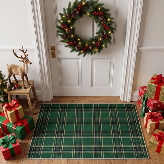 Christmas Green Tartan Plaid Doormat, Antiskid Entry Rug, Holiday Front Door Mat for Indoor Outdoor Porch Decor, 15.74x23.62 Inch Christmas Xmas Welcome Mat