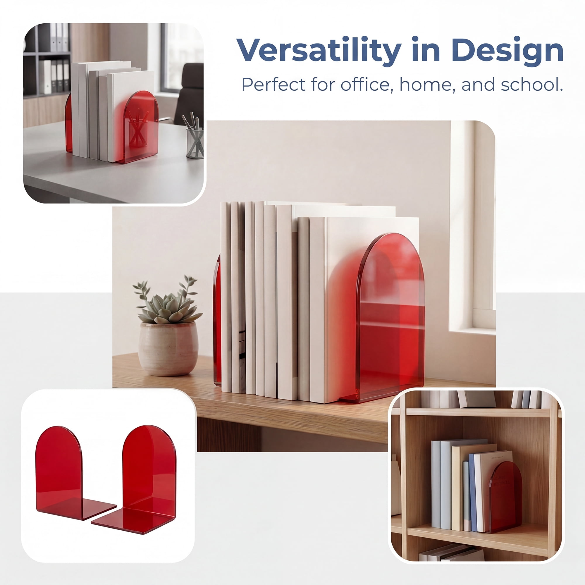 Unique Bargains 2Pcs Clear Acrylic Modern Non-Skid Bookends Wine Red 4.7*3.9*6.1inch
