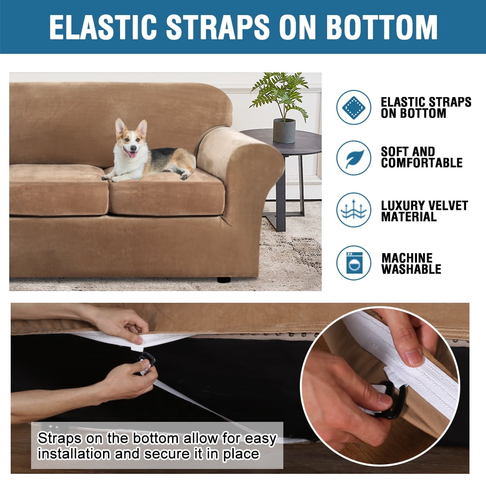 CJC 4-Piece Sofa Couch Covers, Velvet 3 Seater Slipcover for Separate Cushion Couch, Stretch Furniture Protector for Pets Kids, 9 Colors