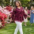 thumbnail image 3 of GRACE & GRANDEUR Women's Plus Size V Neck Mesh Blouse Flowy Double Layer 3/4 Sleeve Tunic Top 3X Burgundy, 3 of 8
