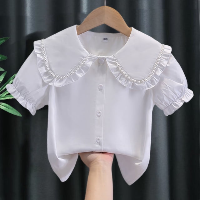 Odeerbi Camisa de Vestido de Algodón de Las Niñas Flor Bordado de Manga Corta Uniforme de La Escuela Con Bolsillo