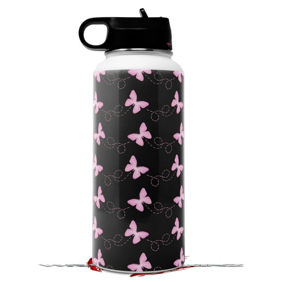 Skin Wrap Decal compatible with Hydro Flask Wide Mouth Bottle 32oz Pastel Butterflies Pink on Black (BOTTLE NOT INCLUDED)