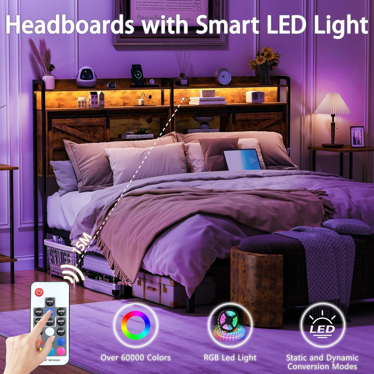NEORIVER King Size Headboard with Storage, 3-Tier King Headboard with Outlets, USB Ports and LED Light, Storage King Size Headboard Only with Sliding Barn Doors, Width Adjustable