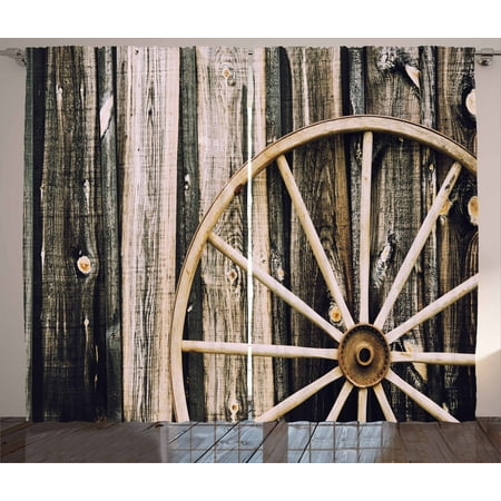 - Barn Wood Wagon Wheel Curtains 2 Panels Set, Wooden Barn Door and Vintage Rusty Wheel Rustic Home Farm, Window Drapes for Living Room Bedroom, 108W X 96L Inches, Black Pale Brown, by Ambesonne