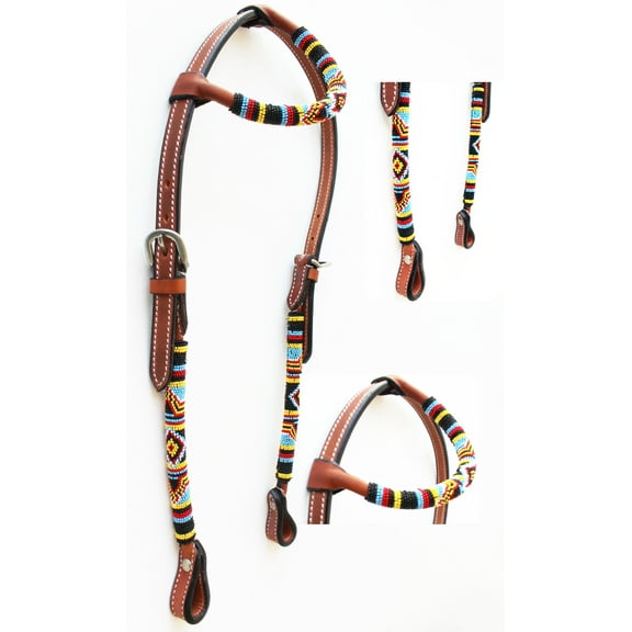Horse Show Bridle Western Leather Headstall Beaded Overlay One Ear 79RT03HA