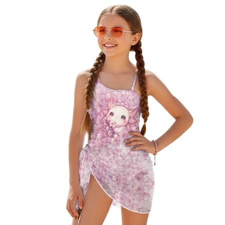 POLERO Girls Cute Axolotl Cherry Blossom One-Piece Swimsuit with Mesh Cover Up - Quick Dry Adjustable Straps for Beach & Pool Vacations (7-18 Years)